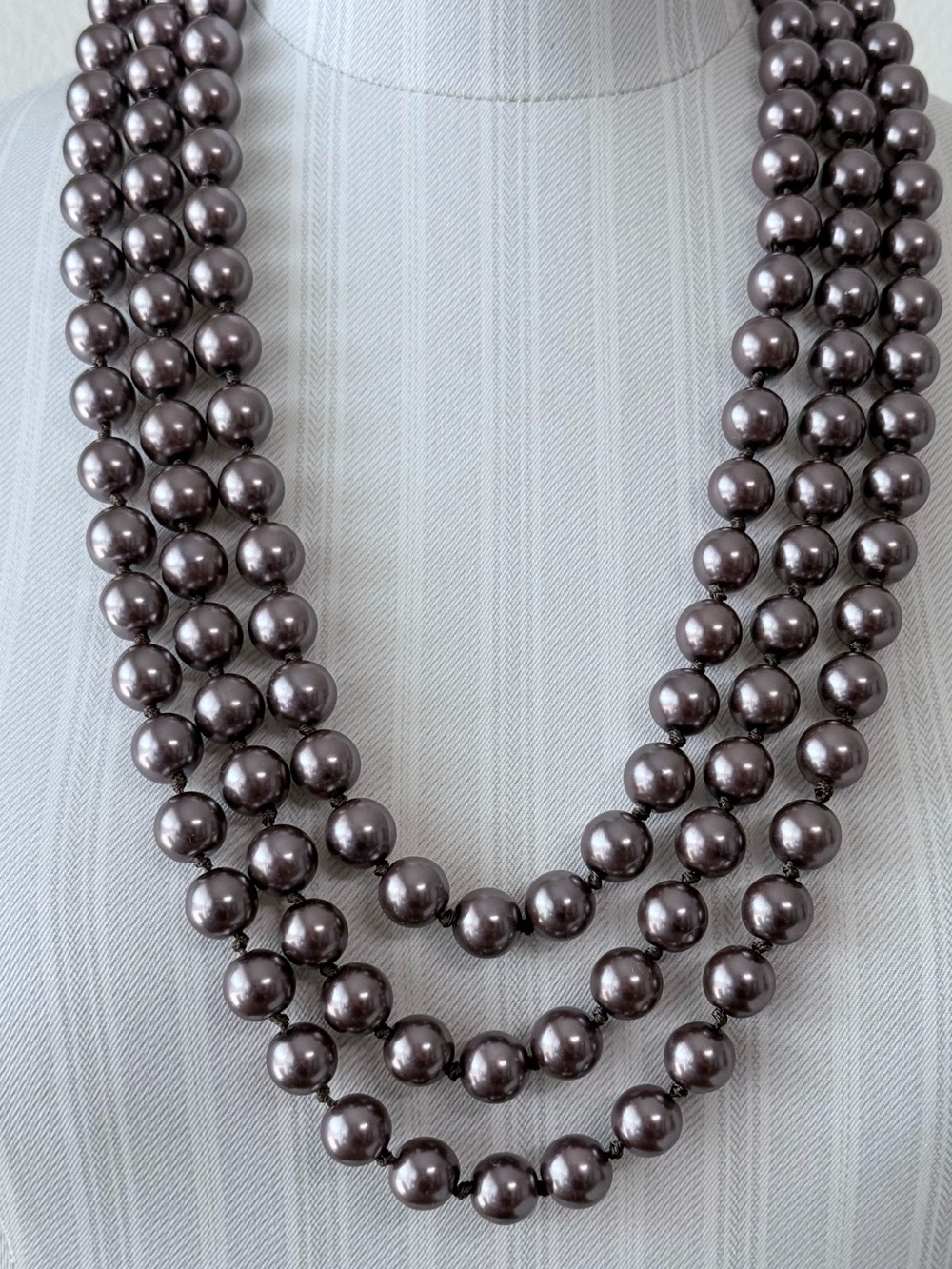 Vintage Gray/Taupe Luminous Glass Pearl Long Strand Necklace Hand Knotted 82”